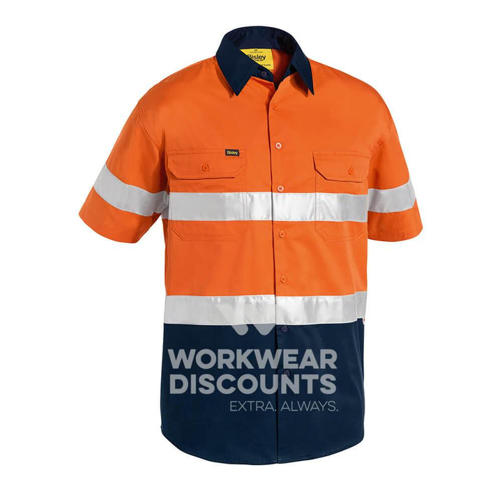 Bisley BS1896 Hi-Vis Taped Lightweight Cotton Drill Shirt Short Sleeve Orange Navy Front