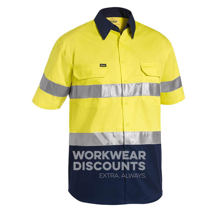 Bisley BS1896 Hi-Vis Taped Lightweight Cotton Drill Shirt Short Sleeve Yellow Navy Front