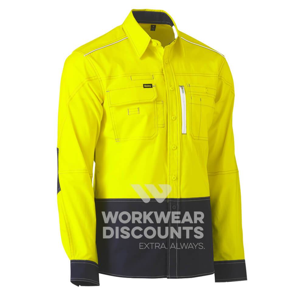 Bisley BS6177 Flex & Move Hi-Vis Utility Shirt Long Sleeve Yellow Navy Front