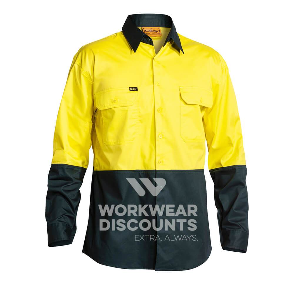 Bisley BS6267 Hi-Vis Cotton Drill Shirt Long Sleeve Yellow Bottle Front
