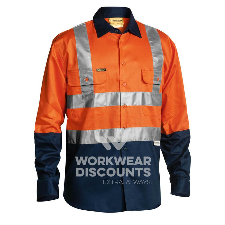 Bisley BS6267T Hi-Vis Taped Cotton Drill Shirt Long Sleeve Orange Navy Front
