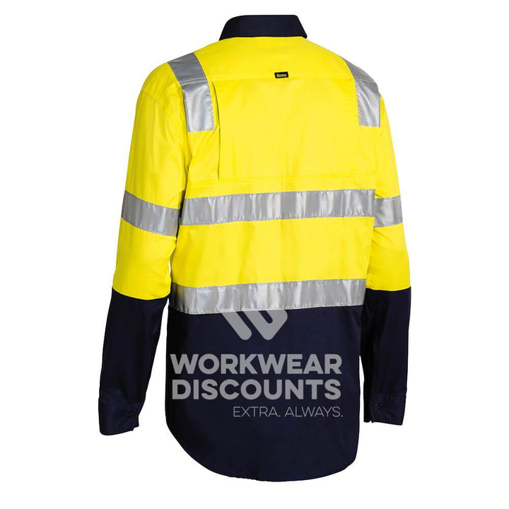 Bisley BS6432T Hi-Vis Taped Lightweight Vented Cotton Drill Shirt Long Sleeve Yellow Navy Back