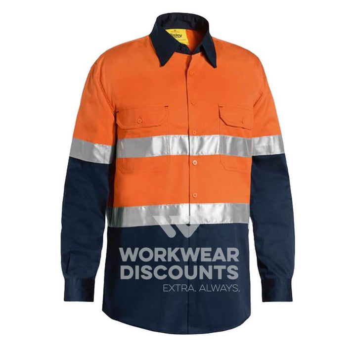 Bisley BS6696T Hi-Vis Taped Lightweight Cotton Drill Shirt Long Sleeve Orange Navy Front
