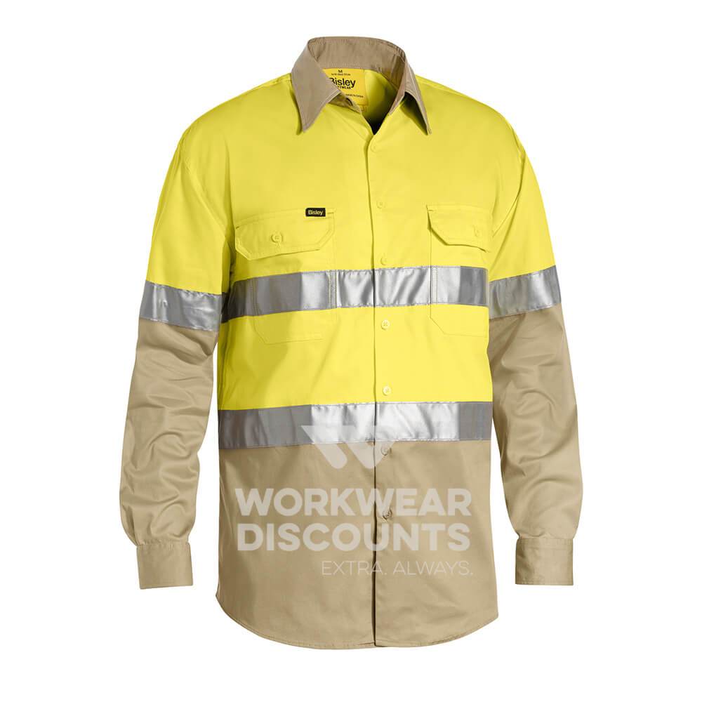 Bisley BS6696T Hi-Vis Taped Lightweight Cotton Drill Shirt Long Sleeve Yellow Khaki Front