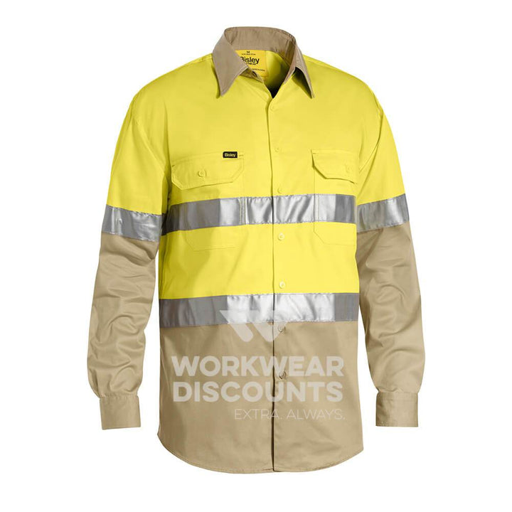 Bisley BS6696T Hi-Vis Taped Lightweight Cotton Drill Shirt Long Sleeve Yellow Khaki Front
