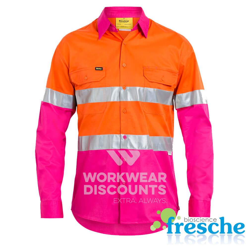 Bisley BS6696T NBCF Hi Vis Taped Lightweight Cotton Shirt Yellow/Pink