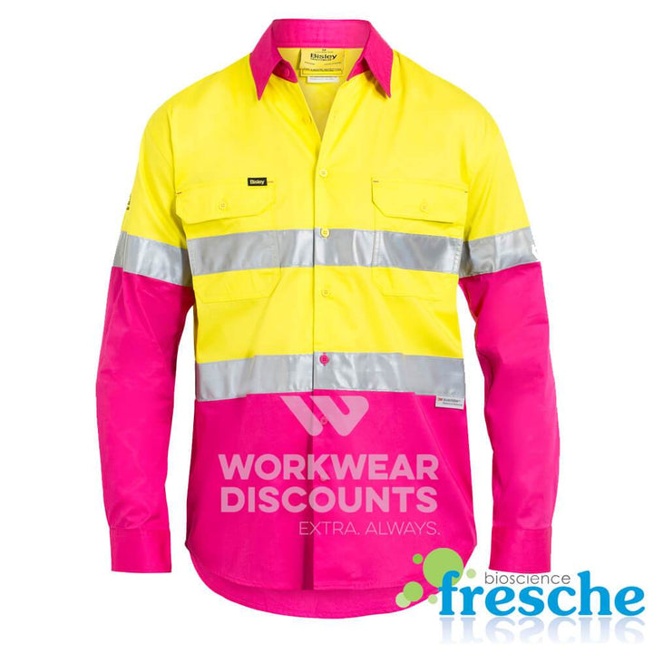 Bisley BS6696T NBCF Hi Vis Taped Lightweight Cotton Shirt Yellow/Pink