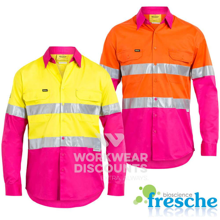 Bisley BS6696T NBCF Hi Vis Taped Lightweight Cotton Shirt Yellow/Pink