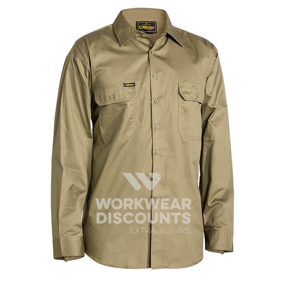 Bisley BS6893 Lightweight Cotton Drill Shirt Long Sleeve Khaki Front
