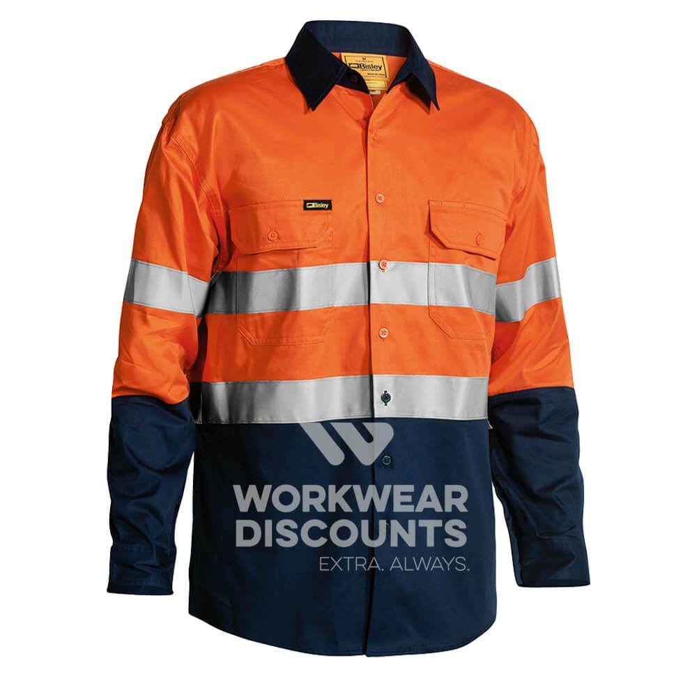 Bisley BS6896 Hi-Vis Taped Lightweight Cotton Drill Shirt Gusset Long Sleeve Orange Navy Front