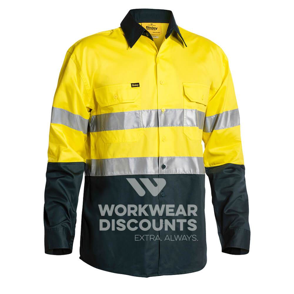 Bisley BS6896 Hi-Vis Taped Lightweight Cotton Drill Shirt Gusset Long Sleeve Yellow Bottle Front