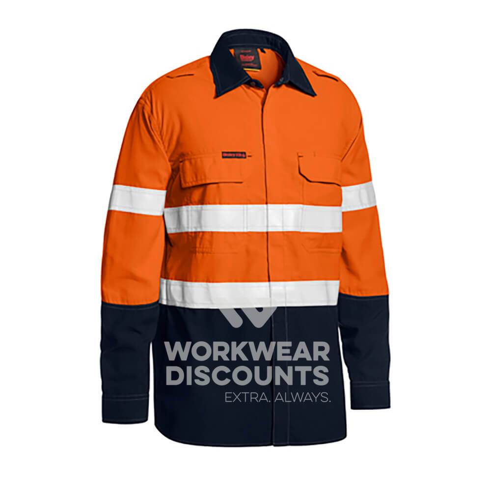 Bisley BS8237T TenCate Tecasafe Plus 480 Taped Two Tone Hi-Vis FR Lightweight Vented Shirt Long Sleeve Orange Navy Front