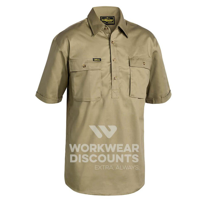 Bisley BSC1433 Closed Front Cotton Drill Shirt Short Sleeve Khaki Front