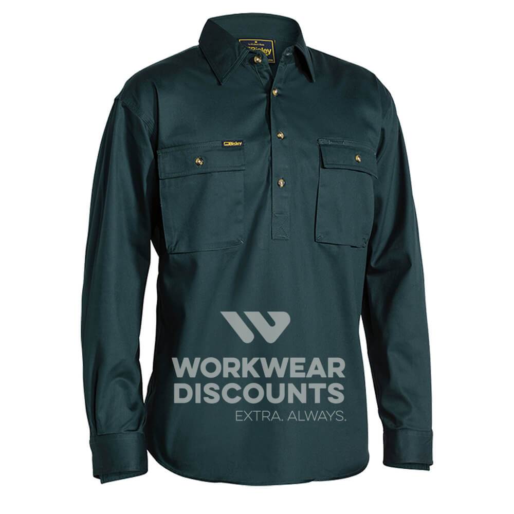 Bisley BSC6433 Closed Front Cotton Drill Shirt Long Sleeve Bottle Front