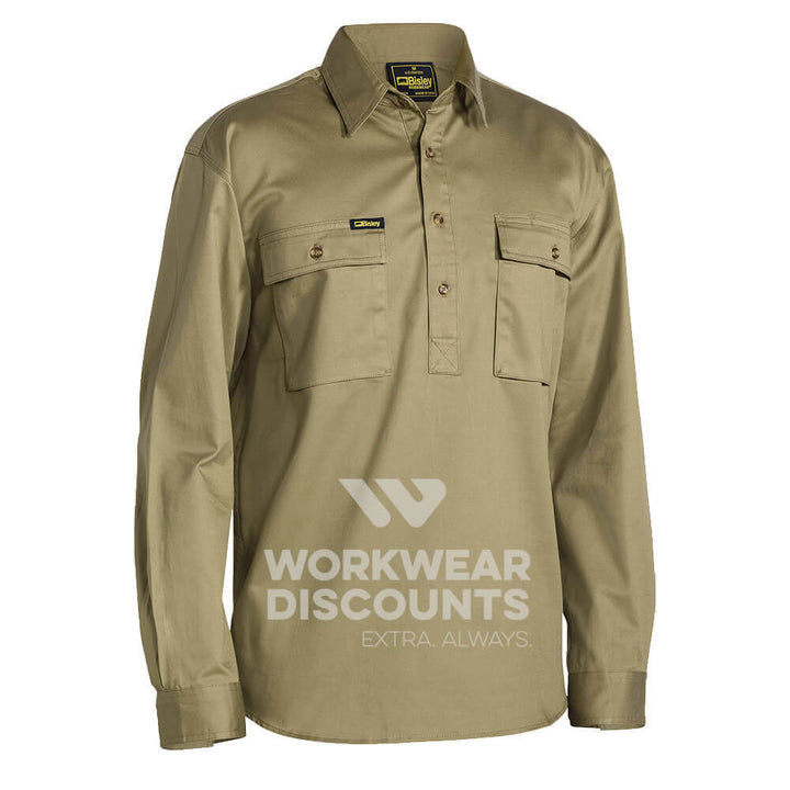 Bisley BSC6433 Closed Front Cotton Drill Shirt Long Sleeve Khaki Front