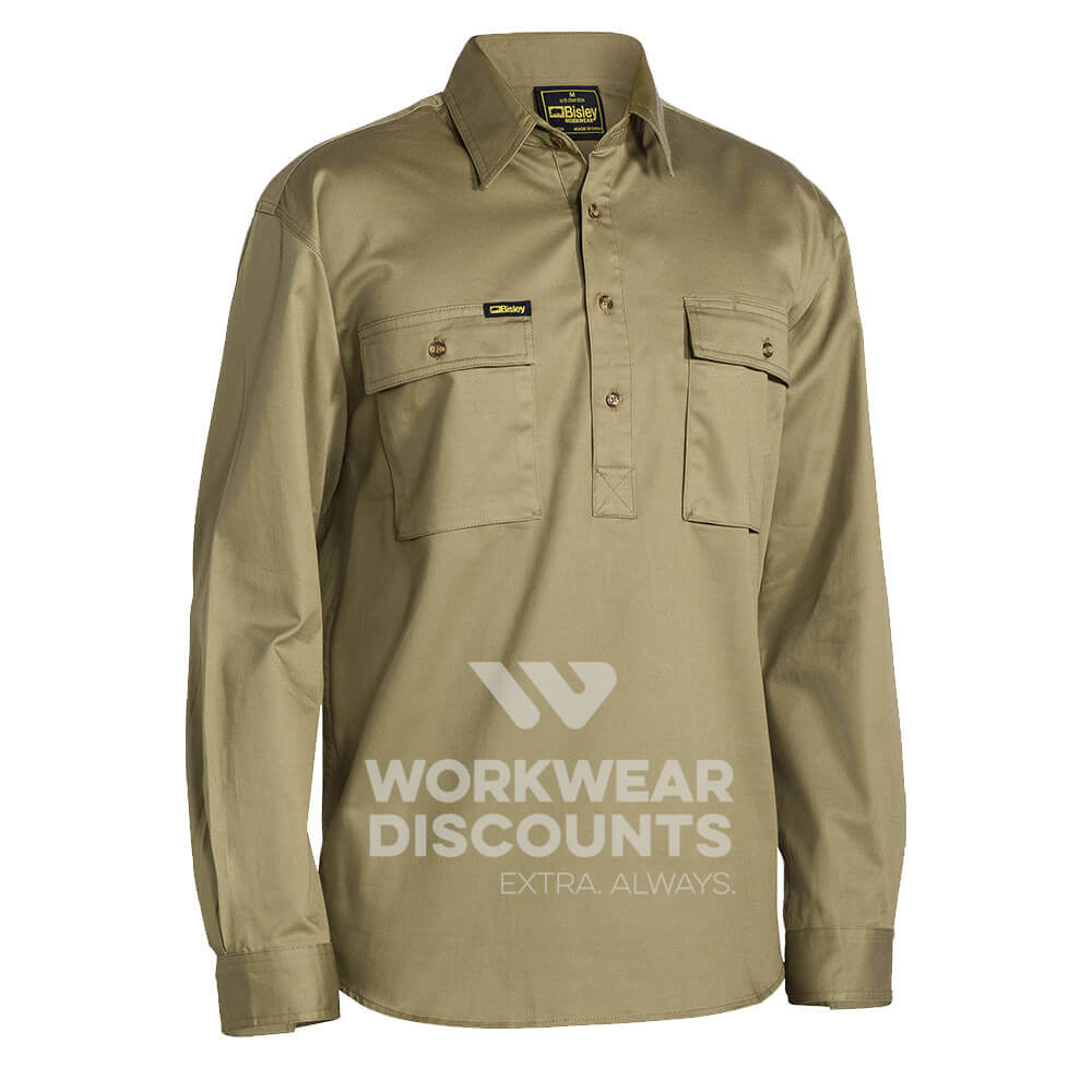 Bisley BSC6433 Closed Front Cotton Drill Shirt Long Sleeve Khaki Front