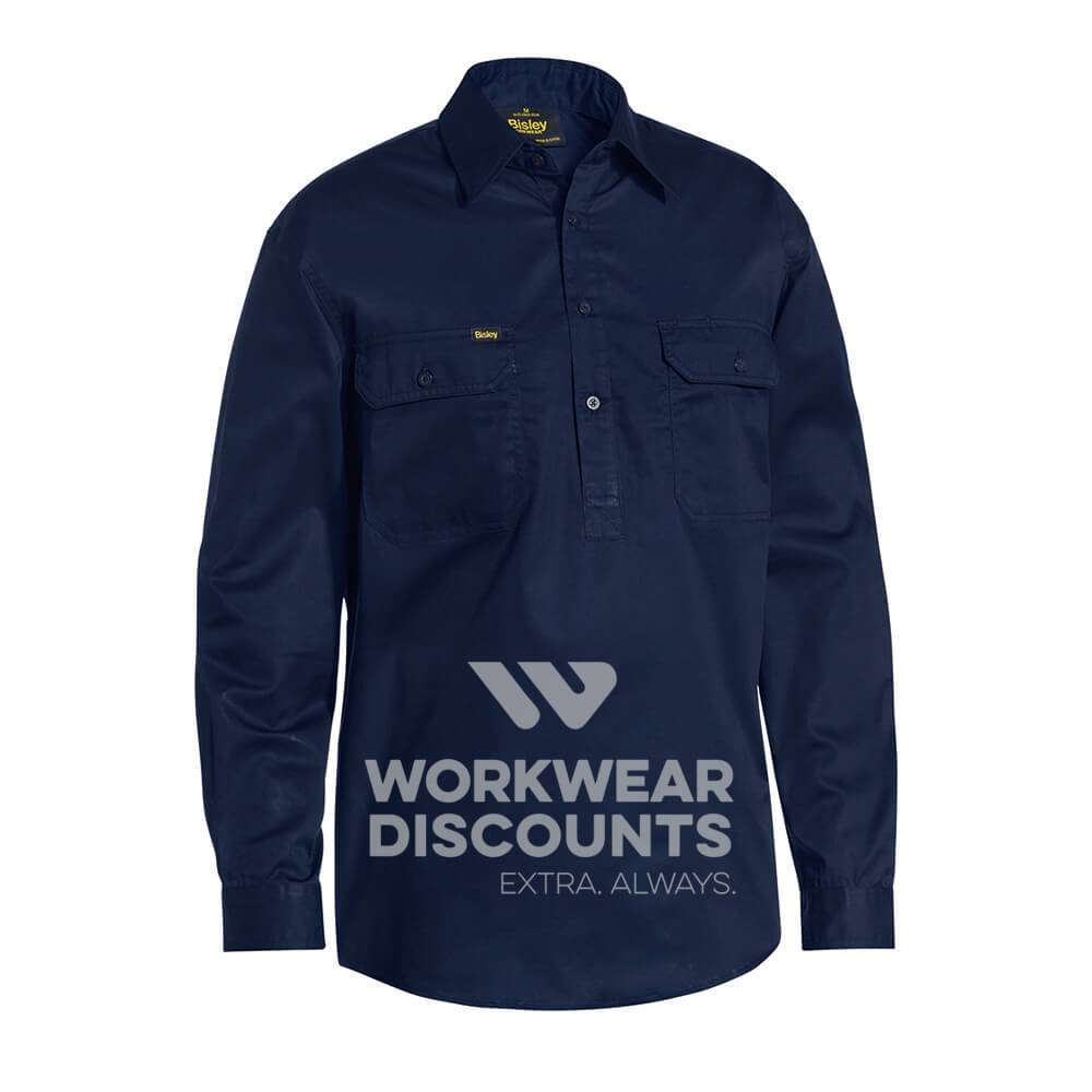 Bisley BSC6820 Lightweight Closed Front Cotton Drill Shirt Long Sleeve Navy Front