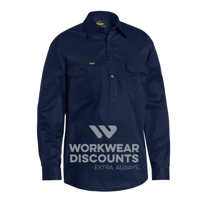Bisley BSC6820 Lightweight Closed Front Cotton Drill Shirt Long Sleeve Navy Front