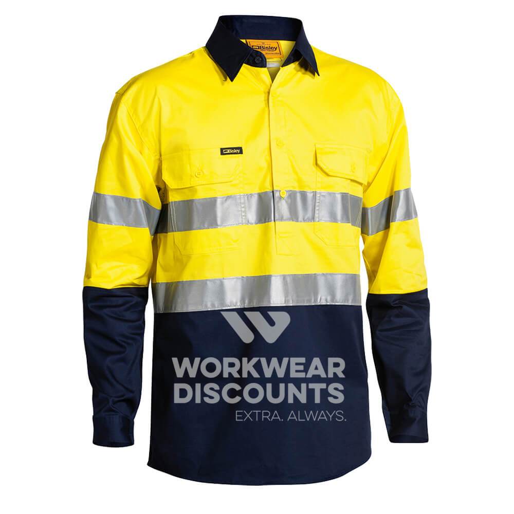 Bisley BSC6896 Hi-Vis Taped Closed Front Lightweight Cotton Drill Shirt Long Sleeve Yellow Navy Front