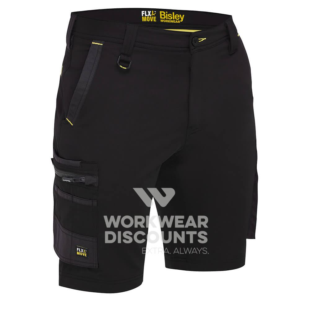 Bisley BSHC1332 FLX & Move 4-Way Stretch Zip Cargo Shorts Black Front