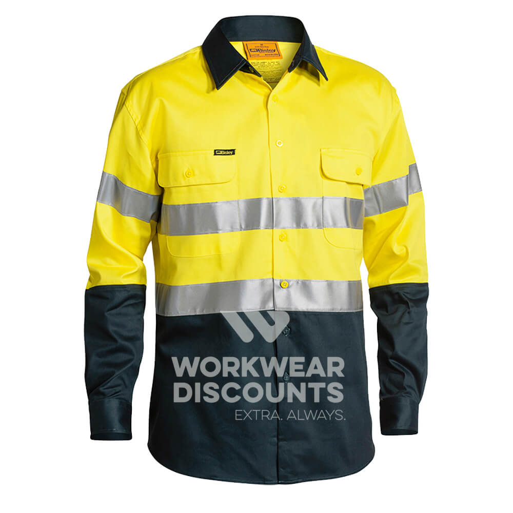 Bisley BT6456 Hi Vis Taped Cotton Drill Shirt Long Sleeve Yellow/Navy