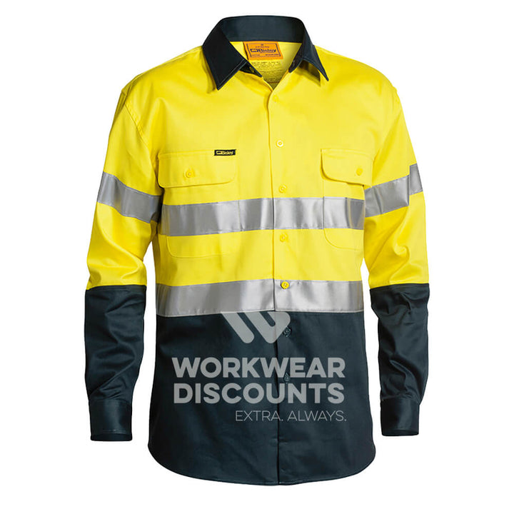 Bisley BT6456 Hi Vis Taped Cotton Drill Shirt Long Sleeve Yellow/Navy