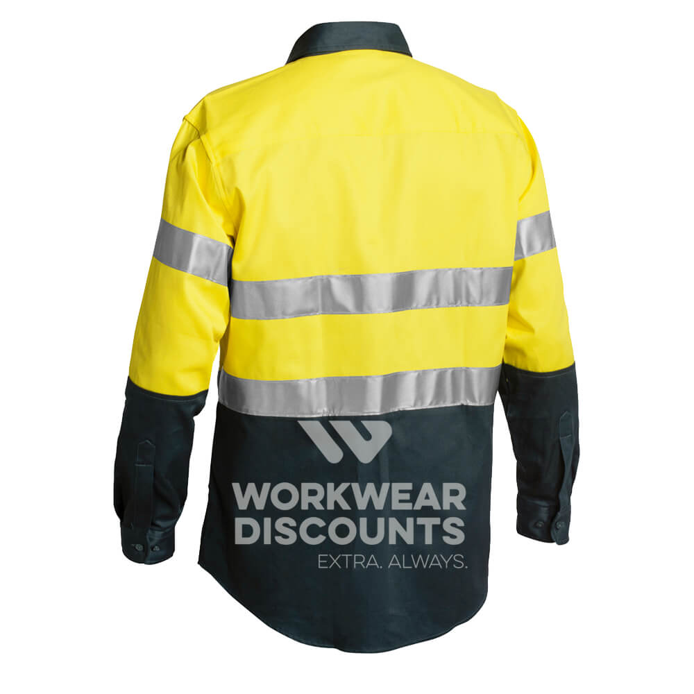 Bisley BT6456 Hi Vis Taped Cotton Drill Shirt Long Sleeve Yellow/Navy
