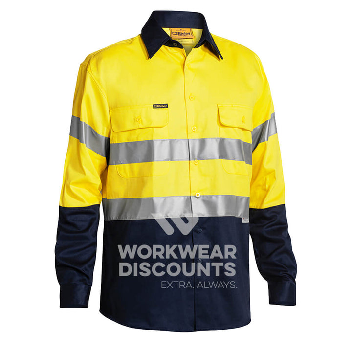 Bisley BT6456 Hi Vis Taped Cotton Drill Shirt Long Sleeve Yellow/Navy