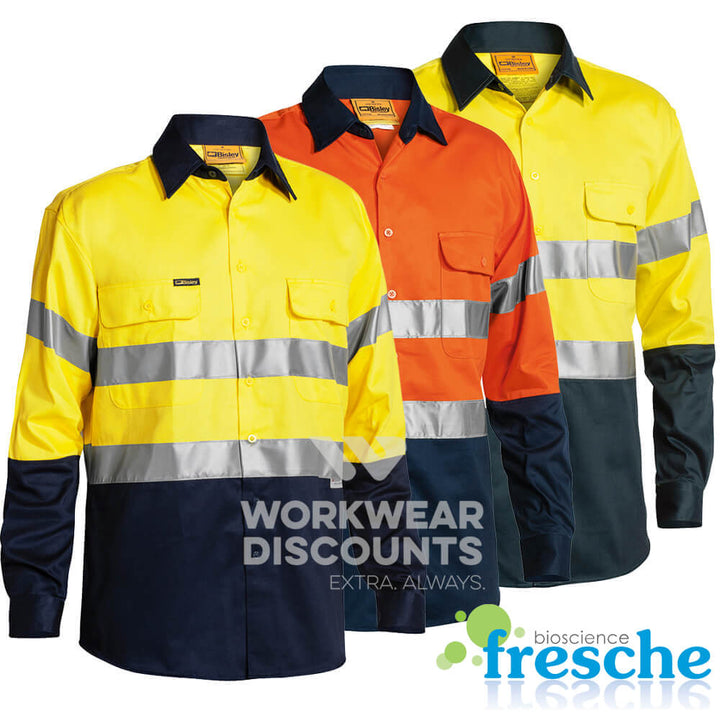 Bisley BT6456 Hi Vis Taped Cotton Drill Shirt Long Sleeve Yellow/Bottle