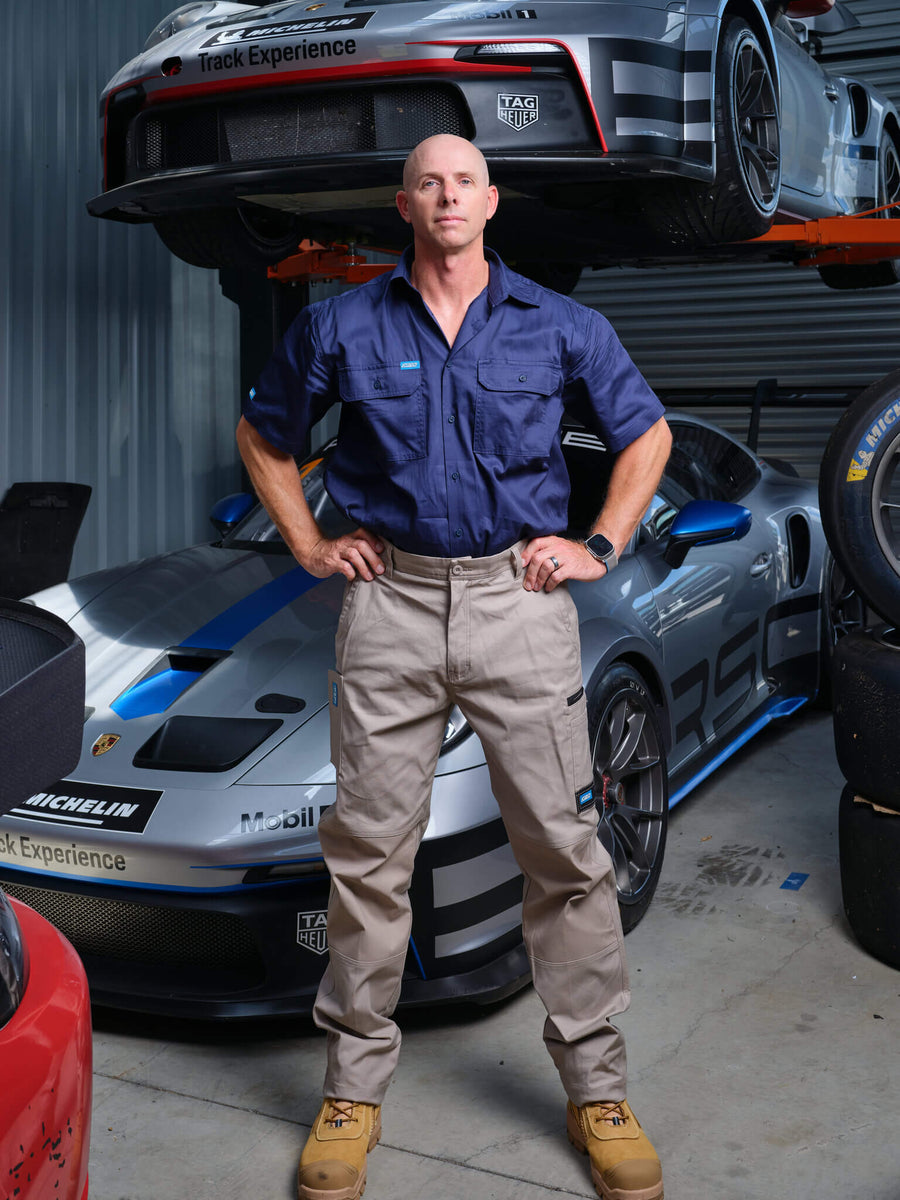 Driven DRV 01 Mens Fixed Waist Stretch Cargo Phone Safety Pocket Pants Khaki – Front View