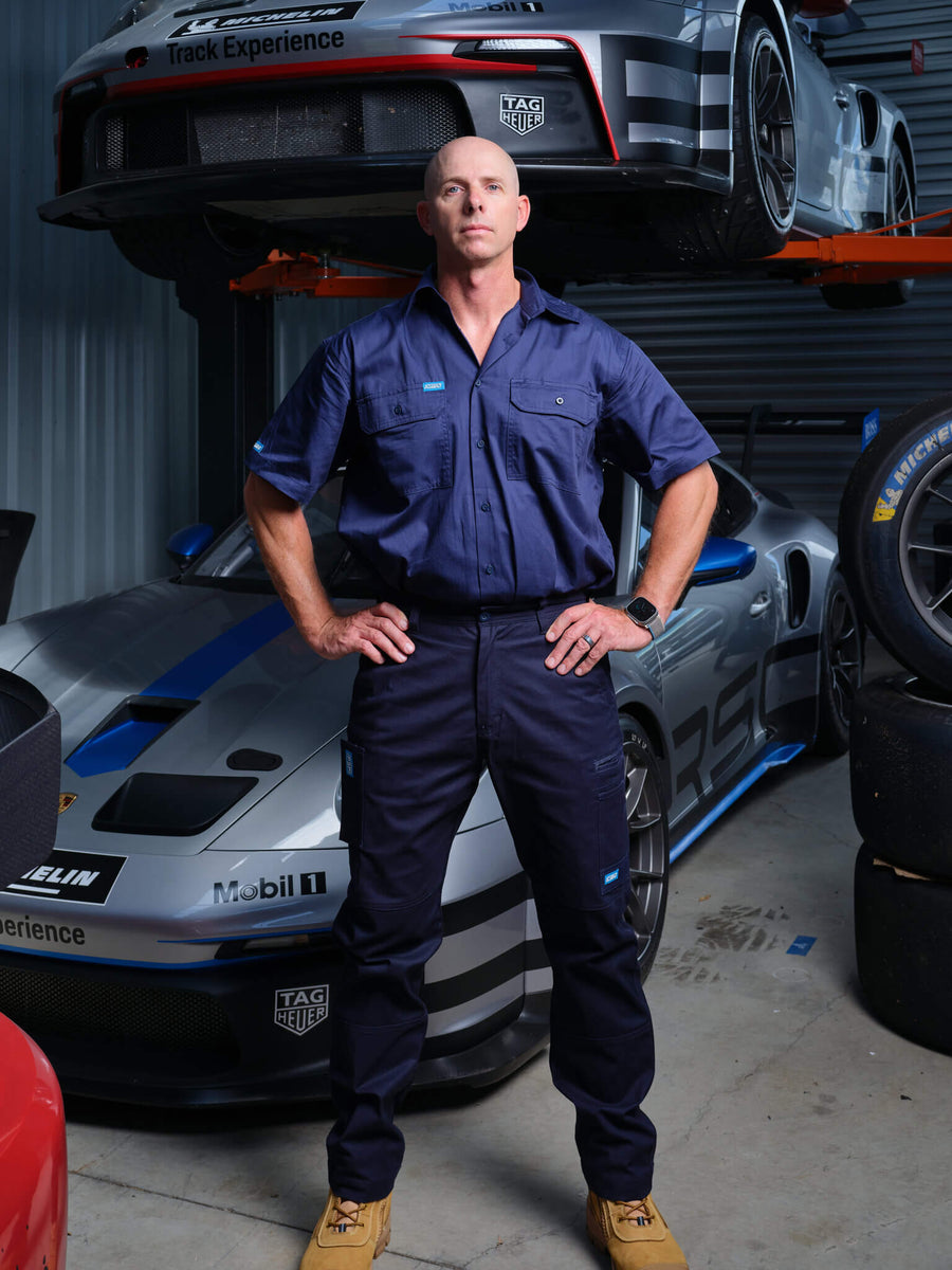 Driven DRV 01 Mens Fixed Waist Stretch Cargo Phone Safety Pocket Pants Navy – Front View