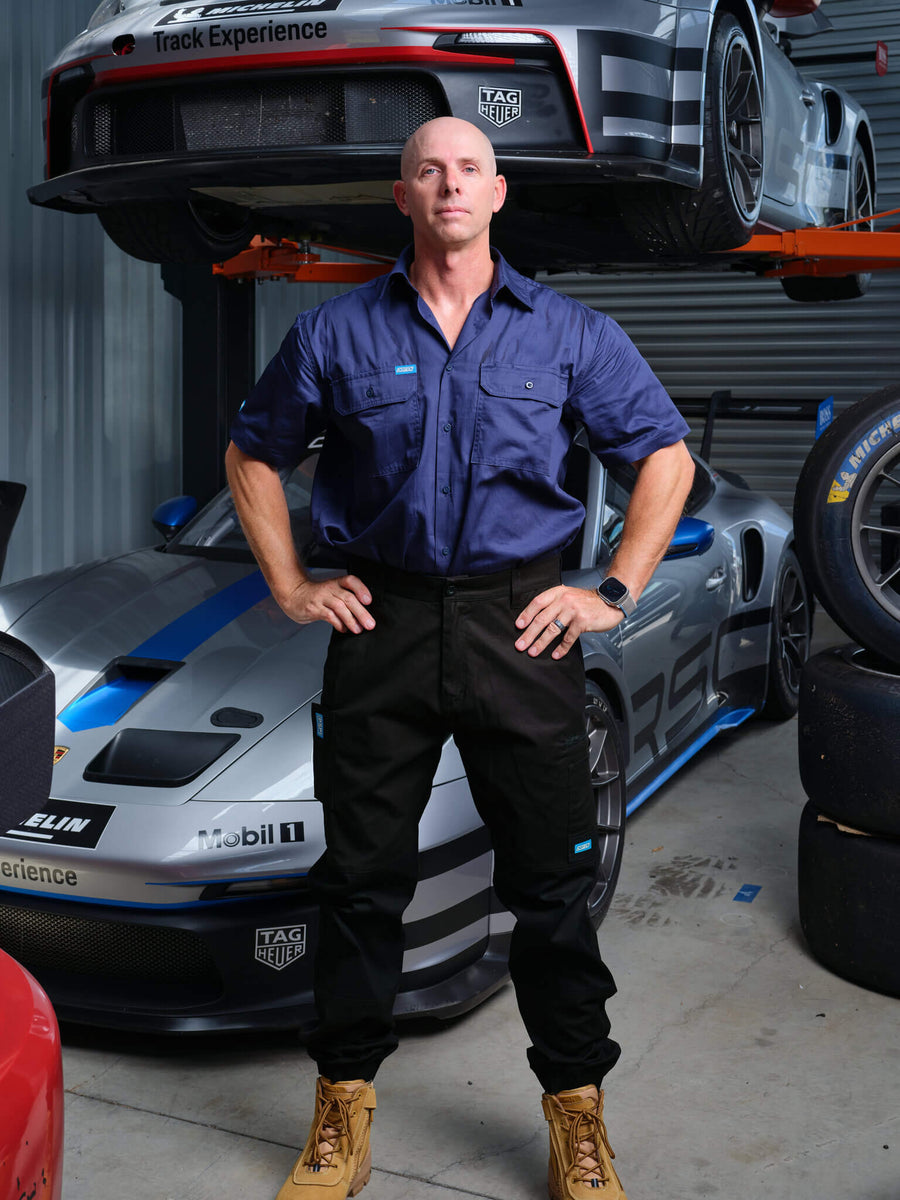 Driven DRV 02 Mens Fixed Waist Stretch Cargo Phone Safety Pocket Pants Elastic Cuff Black – Front View