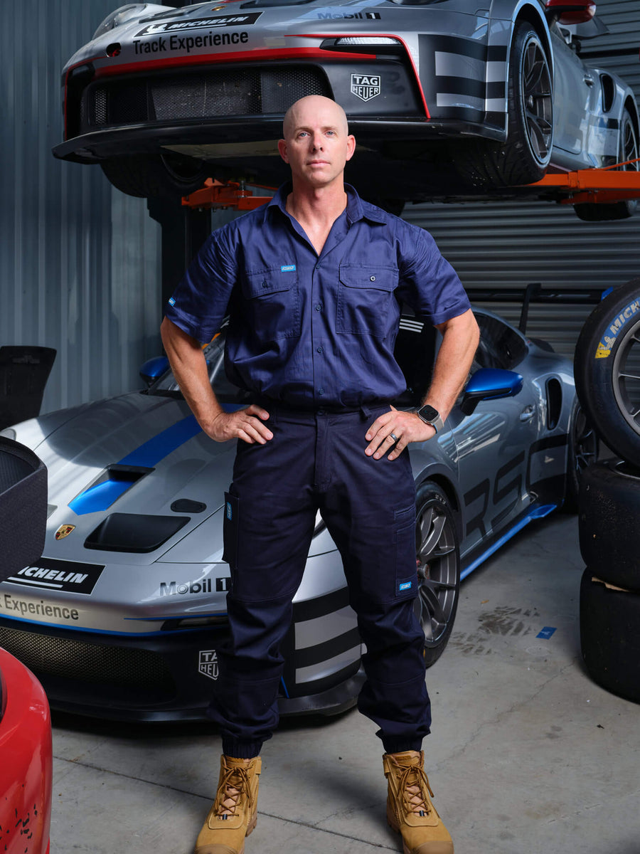 Driven DRV 02 Mens Fixed Waist Stretch Cargo Phone Safety Pocket Pants Elastic Cuff Navy – Front View