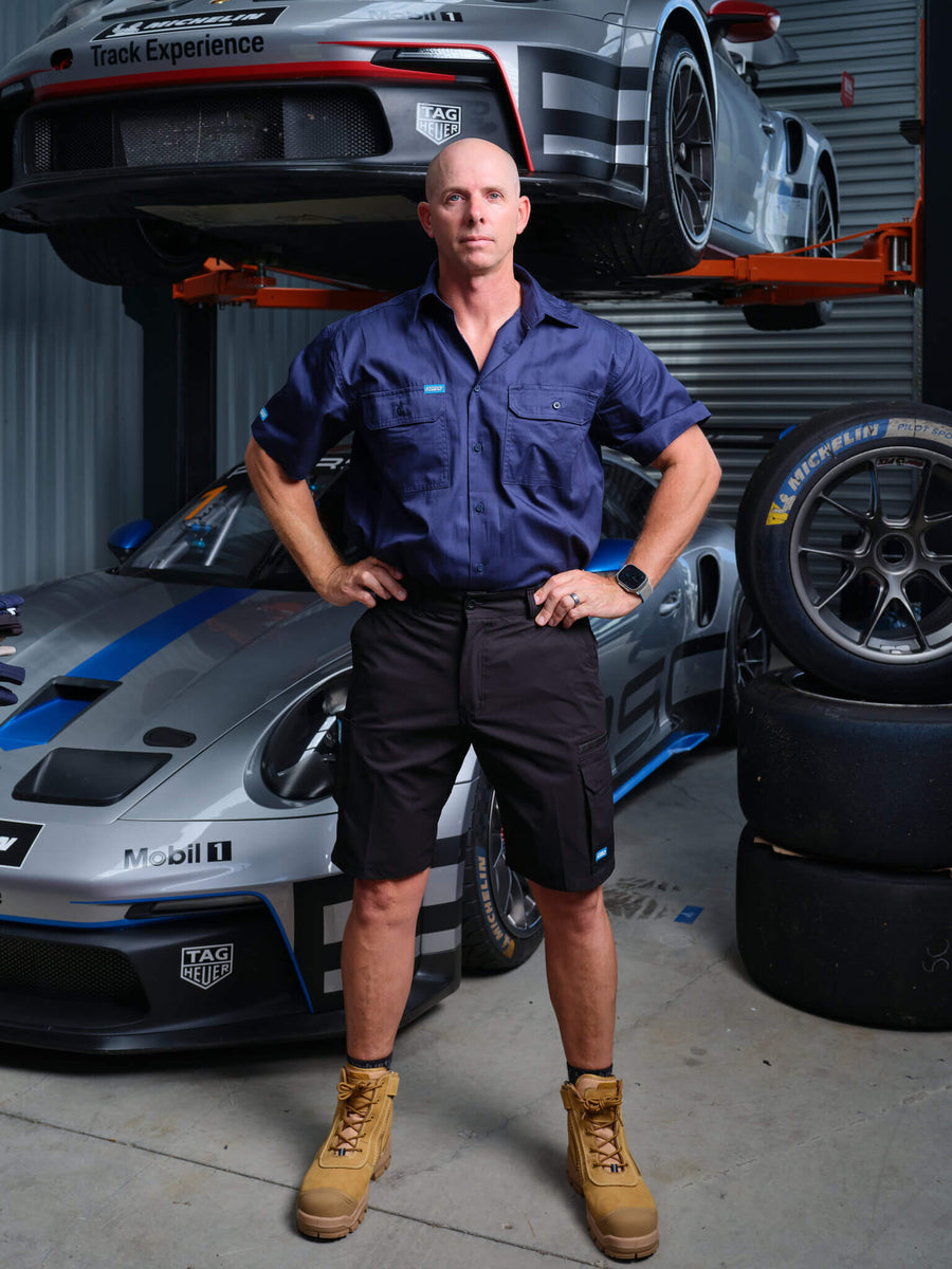 Driven DRV 22 Mens Fixed Waist 4-Way Stretch Cargo Phone Safety Pocket Short Black – Front View