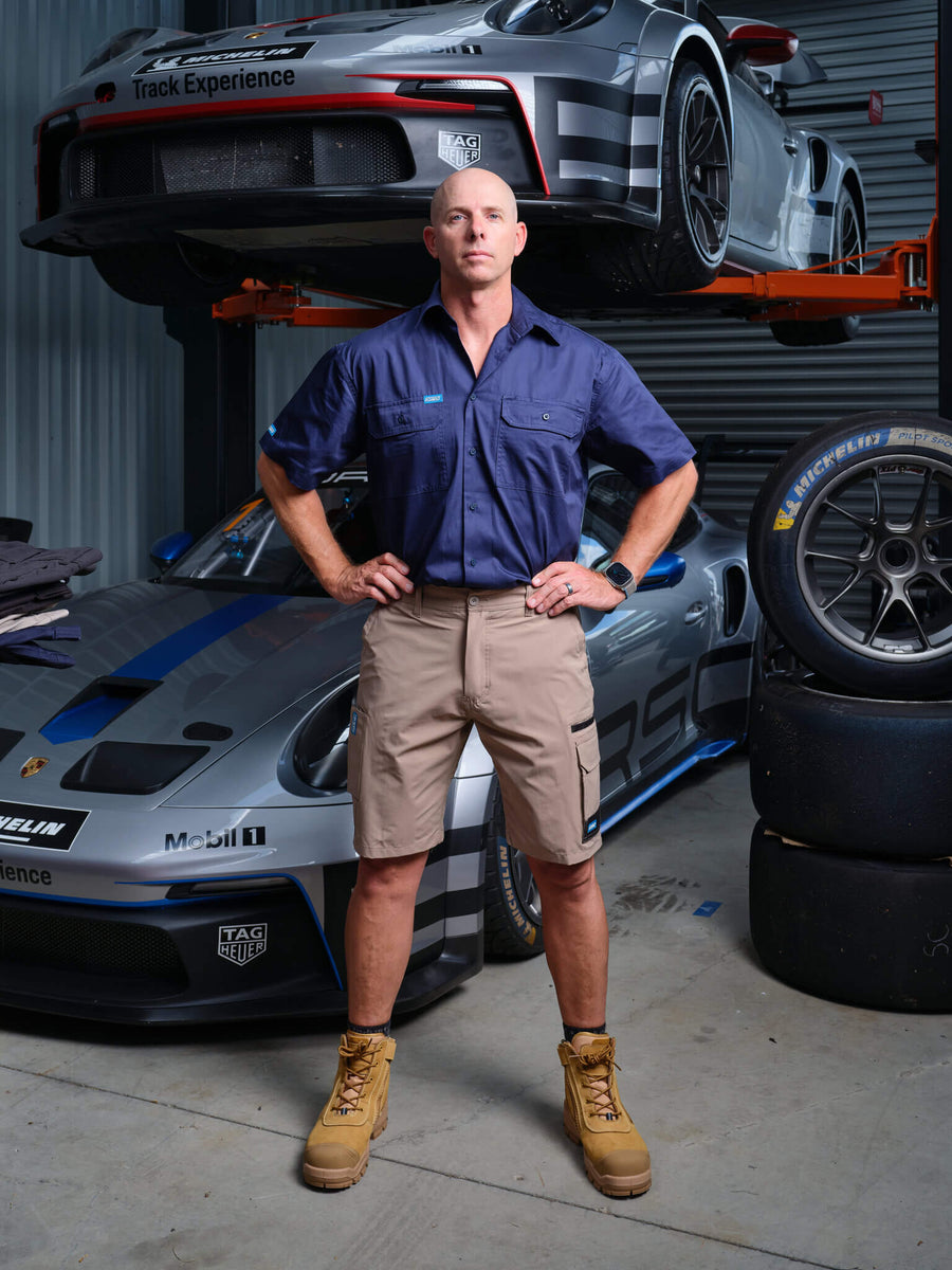 Driven DRV 22 Mens Fixed Waist 4-Way Stretch Cargo Phone Safety Pocket Short Khaki – Front View