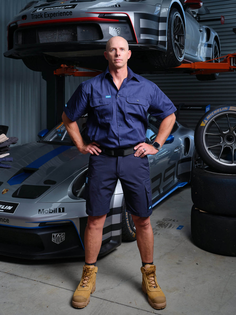 Driven DRV 22 Mens Fixed Waist 4-Way Stretch Cargo Phone Safety Pocket Short Navy – Back View