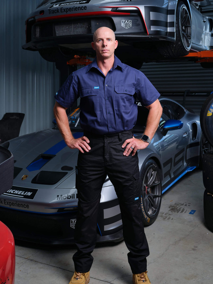 Driven DRV 04 Mens Premium Lightweight Fixed Waist Stretch Cargo Phone Safety Pocket Pants Black – Front View