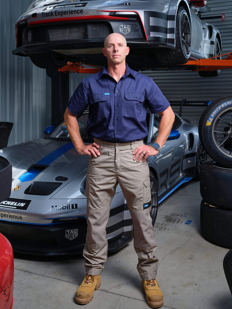 Driven DRV 04 Mens Premium Lightweight Fixed Waist Stretch Cargo Phone Safety Pocket Pants Khaki – Front View