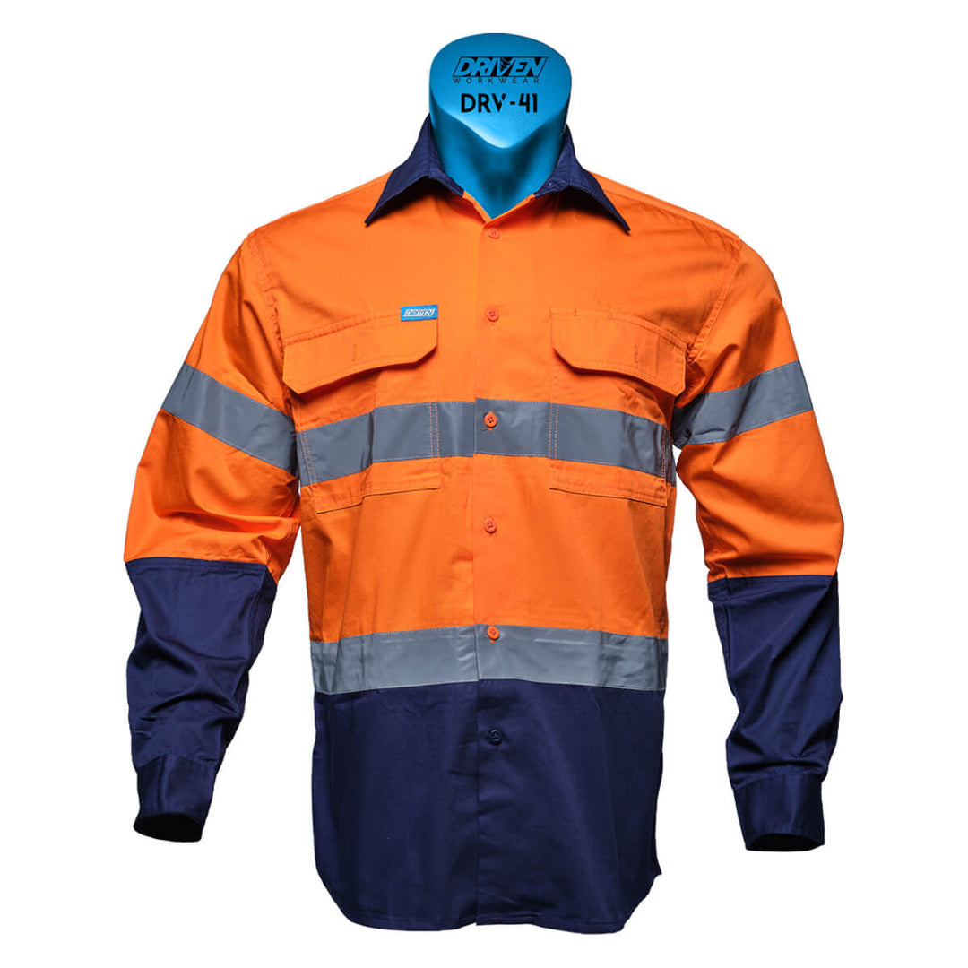 Driven DRV 41 Mens Hi Vis Lightweight Long Sleeve Taped Safety Shirt Orange/Navy Front