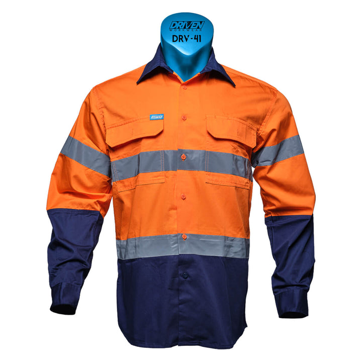 Driven DRV 41 Mens Hi Vis Lightweight Long Sleeve Taped Safety Shirt Orange/Navy Front