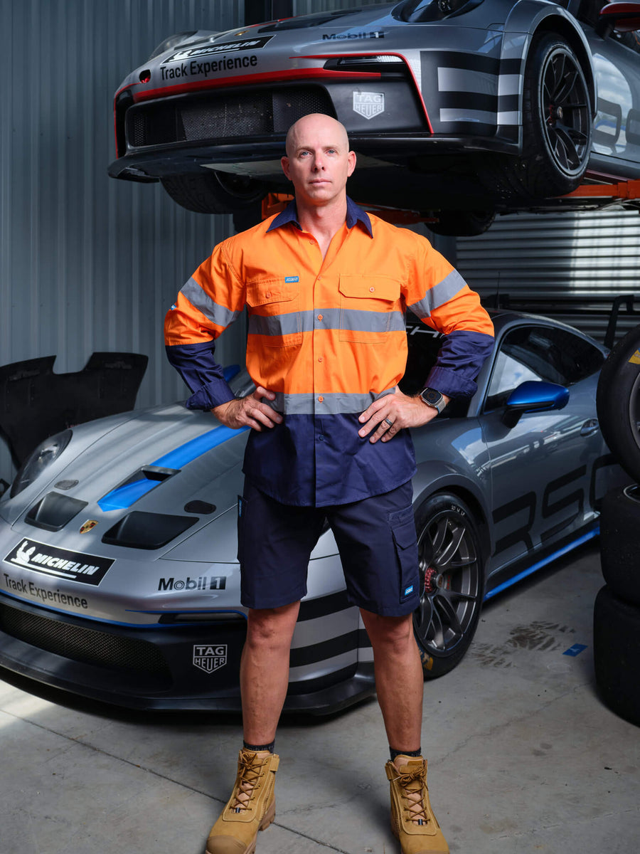 Driven DRV 41 Mens Hi-Vis Lightweight Long Sleeve Taped Safety Shirt Orange Navy – Front View