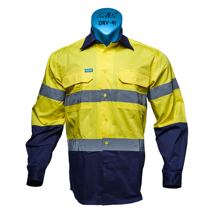 Driven DRV 41 Mens Hi Vis Lightweight Long Sleeve Taped Safety Shirt Yellow/Navy Front