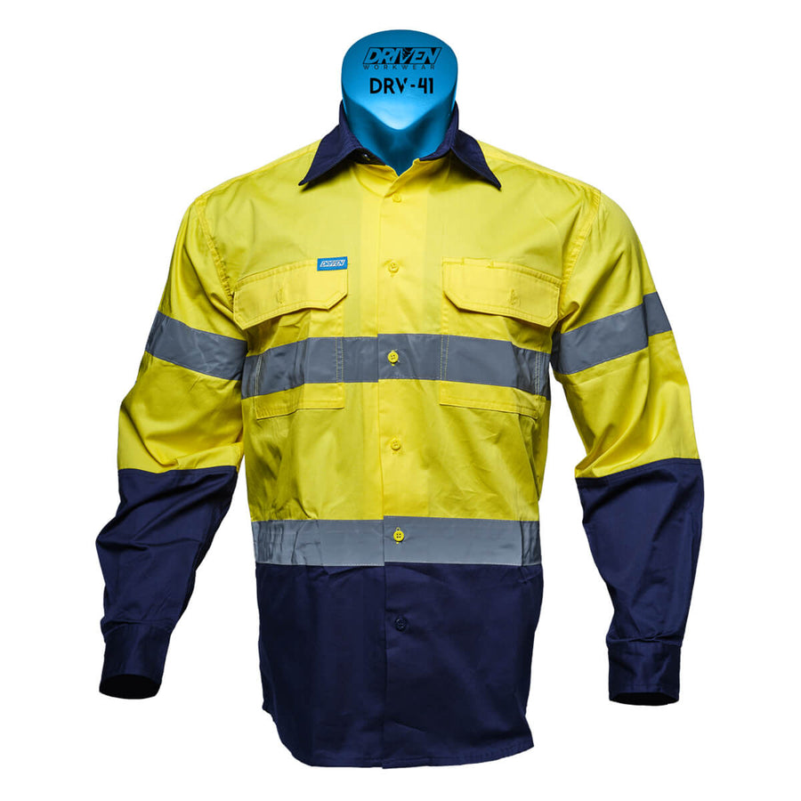 Driven DRV 41 Mens Hi Vis Lightweight Long Sleeve Taped Safety Shirt Yellow/Navy Front