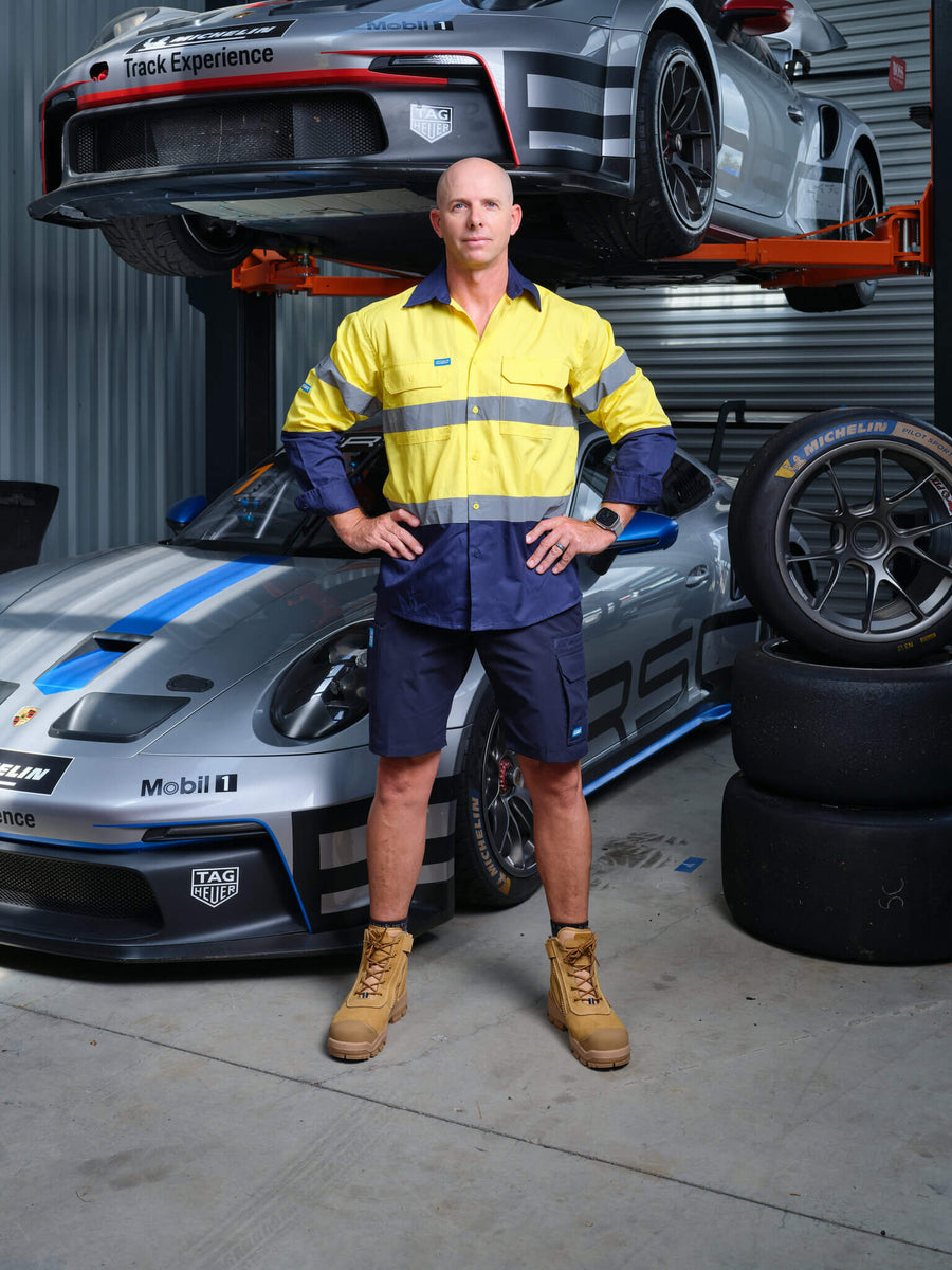 Driven DRV 41 Mens Hi-Vis Lightweight Long Sleeve Taped Safety Shirt Yellow Navy – Front View