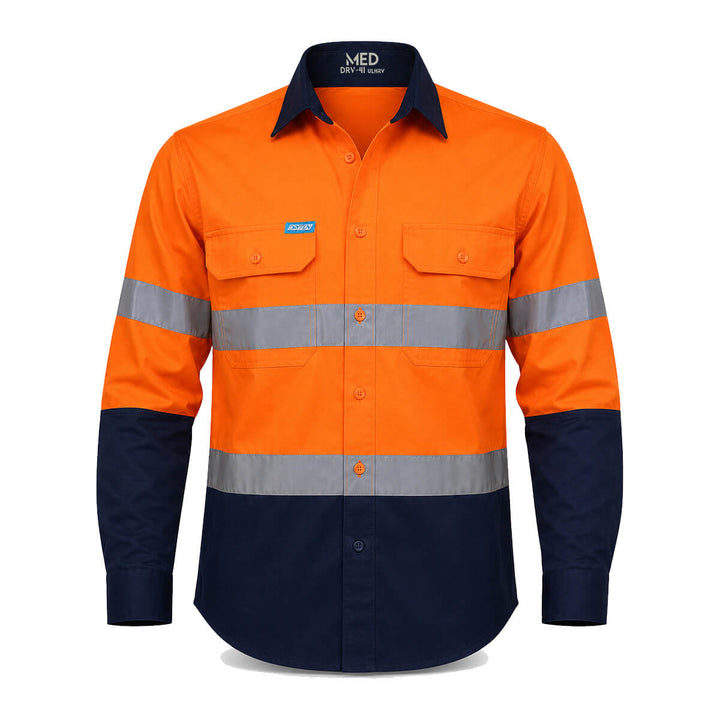 Driven DRV 41 Mens Hi Vis Lightweight Long Sleeve Taped Safety Shirt Orange/Navy