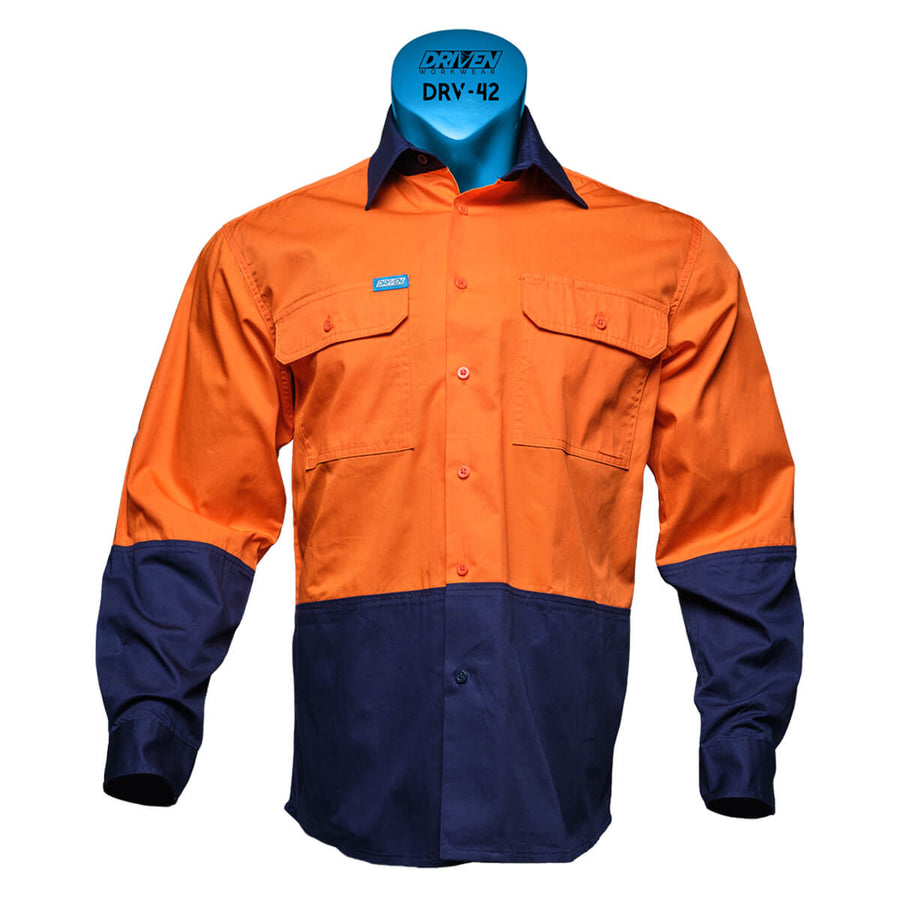 Driven DRV 42 Mens Hi Vis Lightweight Long Sleeve Safety Shirt Orange/Navy Front