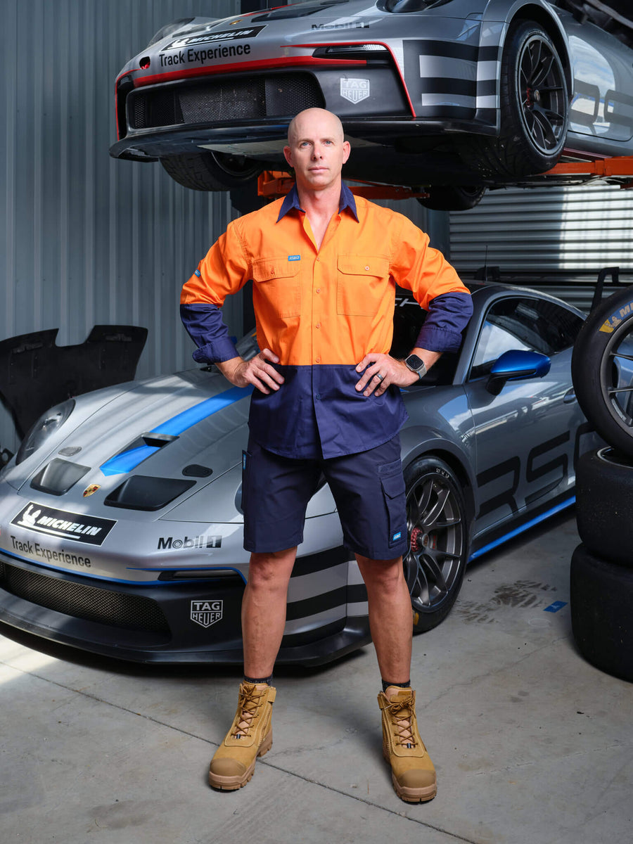 Driven DRV 41 Mens Hi-Vis Lightweight Long Sleeve Taped Safety Shirt Yellow Navy – Front View