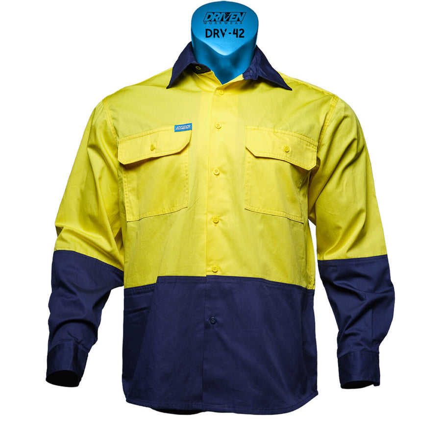 Driven DRV 42 Mens Hi Vis Lightweight Long Sleeve Safety Shirt Yellow/Navy Front