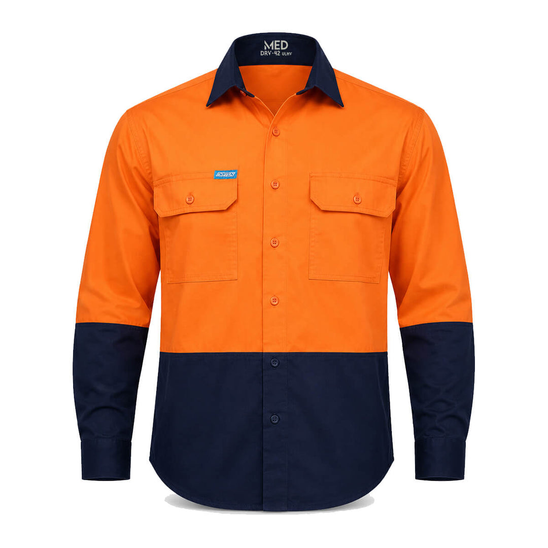 Driven DRV 42 Mens Hi Vis Lightweight Long Sleeve Safety Shirt Yellow/Navy