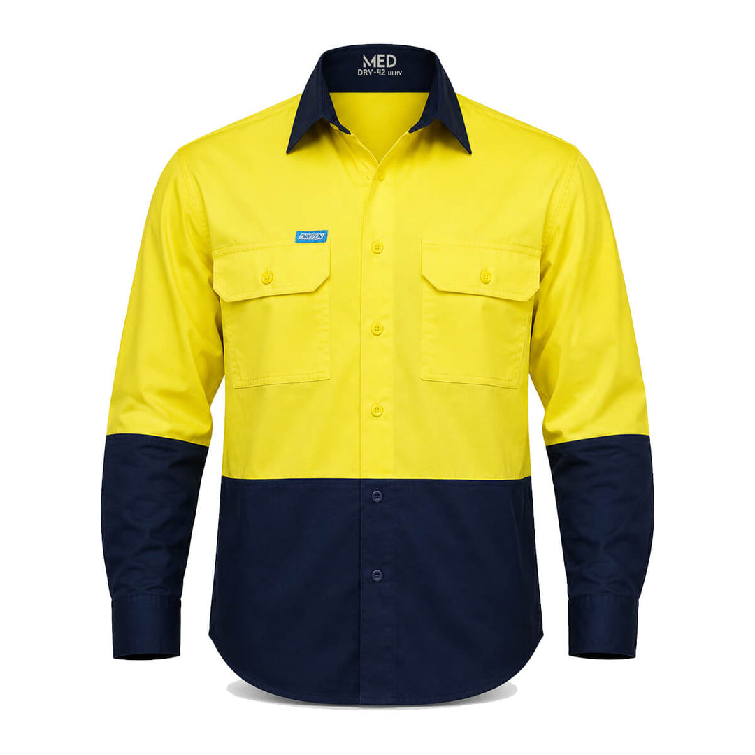 Driven DRV 42 Mens Hi Vis Lightweight Long Sleeve Safety Shirt Yellow/Navy